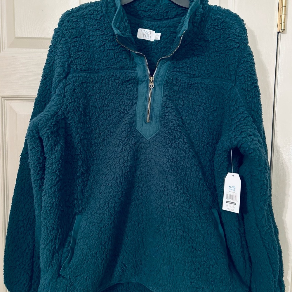 Time and Tru Dark Teal Sherpa Quarter-Zip Sweater